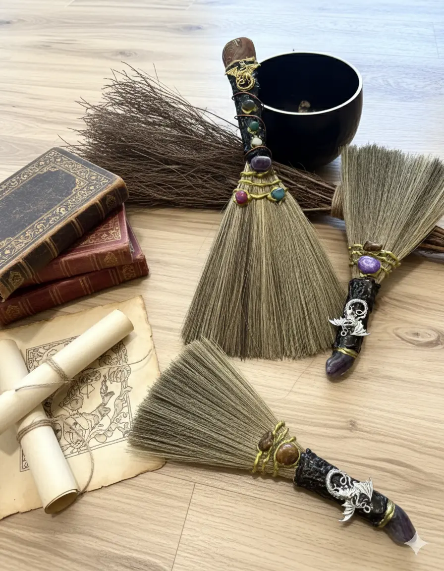 Handmade witch's broom with stones - Amethyst, Mystical decoration, Energy cleansing, Spiritual protection, Altar Supplies, Divination Broom, Positive Energy, Healing Crystal, Home Décor, Halloween, Obsidian, Quartz,