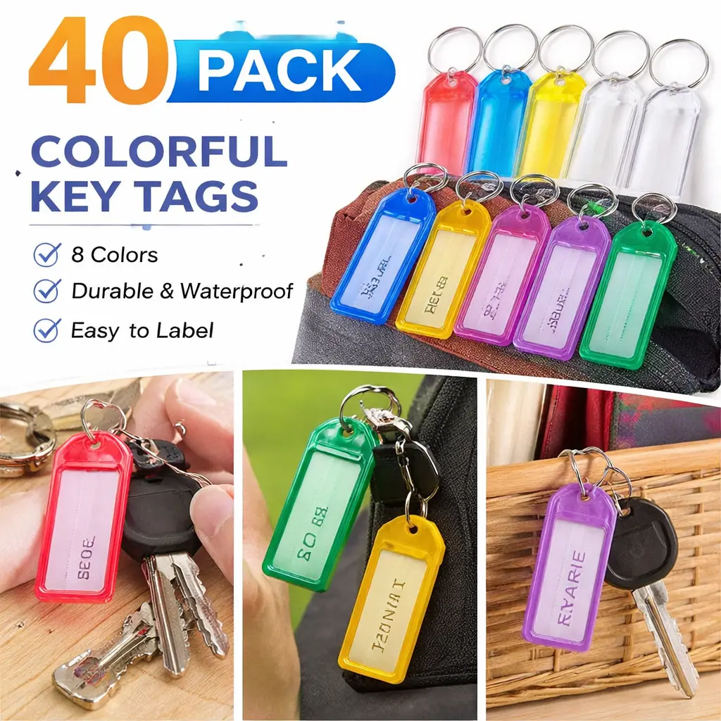 40-Pack Plastic Key Tags with Split Ring & Label Window – 8 Assorted Colors, Tough Durable Key Identifiers with Writable Blank Labels and Clear Protective Covers for Easy Organization of Keys, Luggage, and Office Supplies
