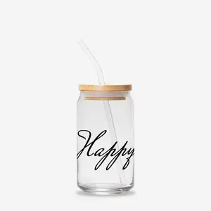 Happy Birthday Glass Can 16oz with straw