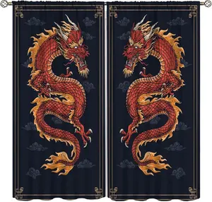 Cool Chinese Dragon Curtains,Fantasy Retro Black Red Japanese Dragon Rod Pocket Noise Reducing Window Drapes for Bedroom Living Room 42" W X 45" L