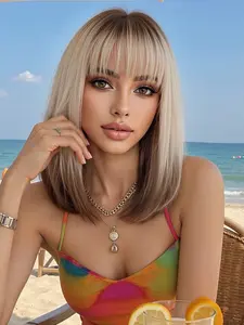 14 Inch Gradient Wig with Bangs, Shoulder-Length Straight Hair, Heat Resistant Rose Net, Natural Soft Breathable Fabric, Synthetic Material Wigs