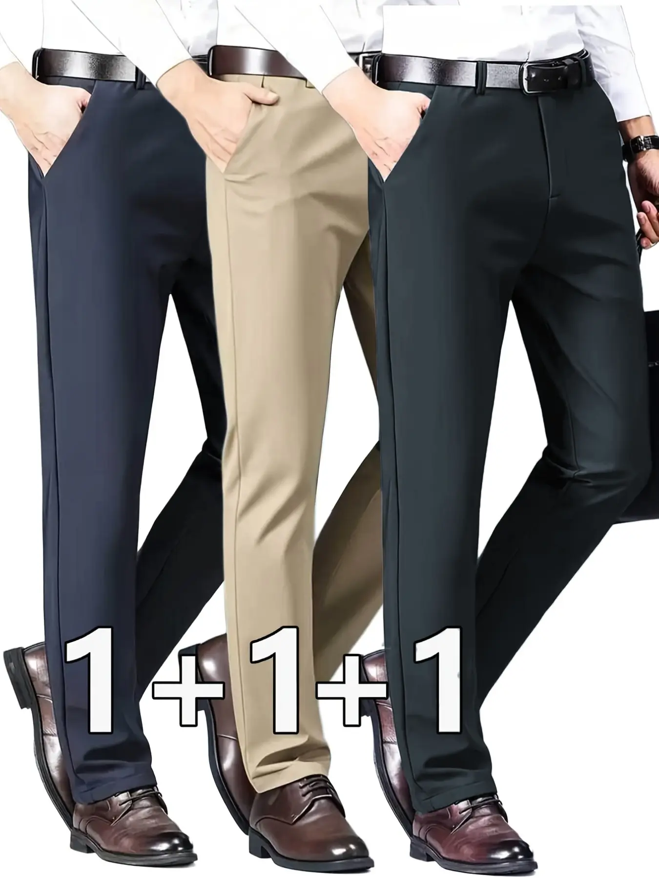 Three-pieces Men's New Loose Straight Leg Elastic Casual Stretch Waist Solid Color Formal Pants, Casual Slacks, Anti-Wrinkle Comfortable Business Casual Trousers for All Seasons, Classy Casual Trousers, Business Fashion Pants