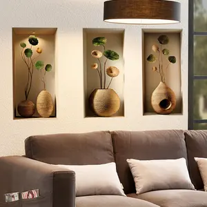 A set (30*60cm*3pcs) of vase and leaf triptych home decoration stickers for bedroom, living room, sofa, and entrance background decoration Wall Decal B18501