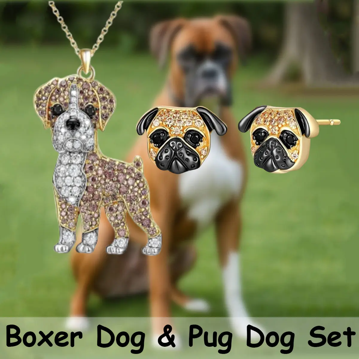 Cute Pug Animal Jewelry Set, 3-Piece Golden Alloy Necklace & Earrings, Daily Fashion Accessory for Dog Lovers, Cute Animal, Unisex Fashion, Stud, Birthday, Pendant, Gift-Ready, Everyday