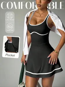 Women's Sporty Dress Cute Sexy Back Cross Tennis Yoga Running Skirt Elastic Comfort Outdoor Exercise Set Fashion Striped Color Block