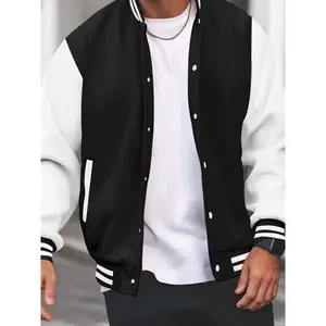 Men's Casual Varsity Jacket - Red & White Striped Baseball Collar, Long Sleeve With Pockets, Polyester Blend, Machine Washable, Perfect For Spring And Fall, Fall Jacket | Striped Ribbed Details | Leatherlike Finish