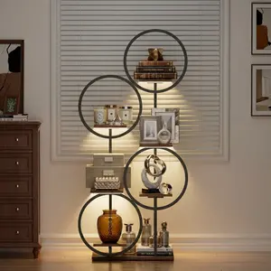 LED Lighted Storage Shelf, 6 Tier 55" Metal Display Rack, Modern Bookshelf Organizer for Living Room, Corner Decorative Shelf, Heavy Duty, Black summerwins