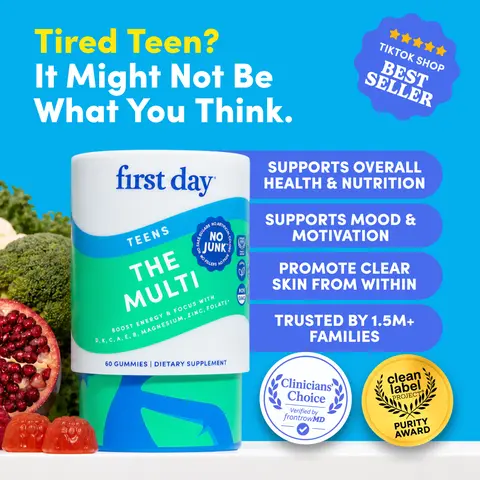 First Day Teen Multivitamin Gummies Ages 13-17, 21 Organic Superfoods + 12 Essential Nutrients, Vitamin D3 K2 Magnesium Zinc B6 B12, Orange Flavor, Vegan, Non-GMO, No Junk