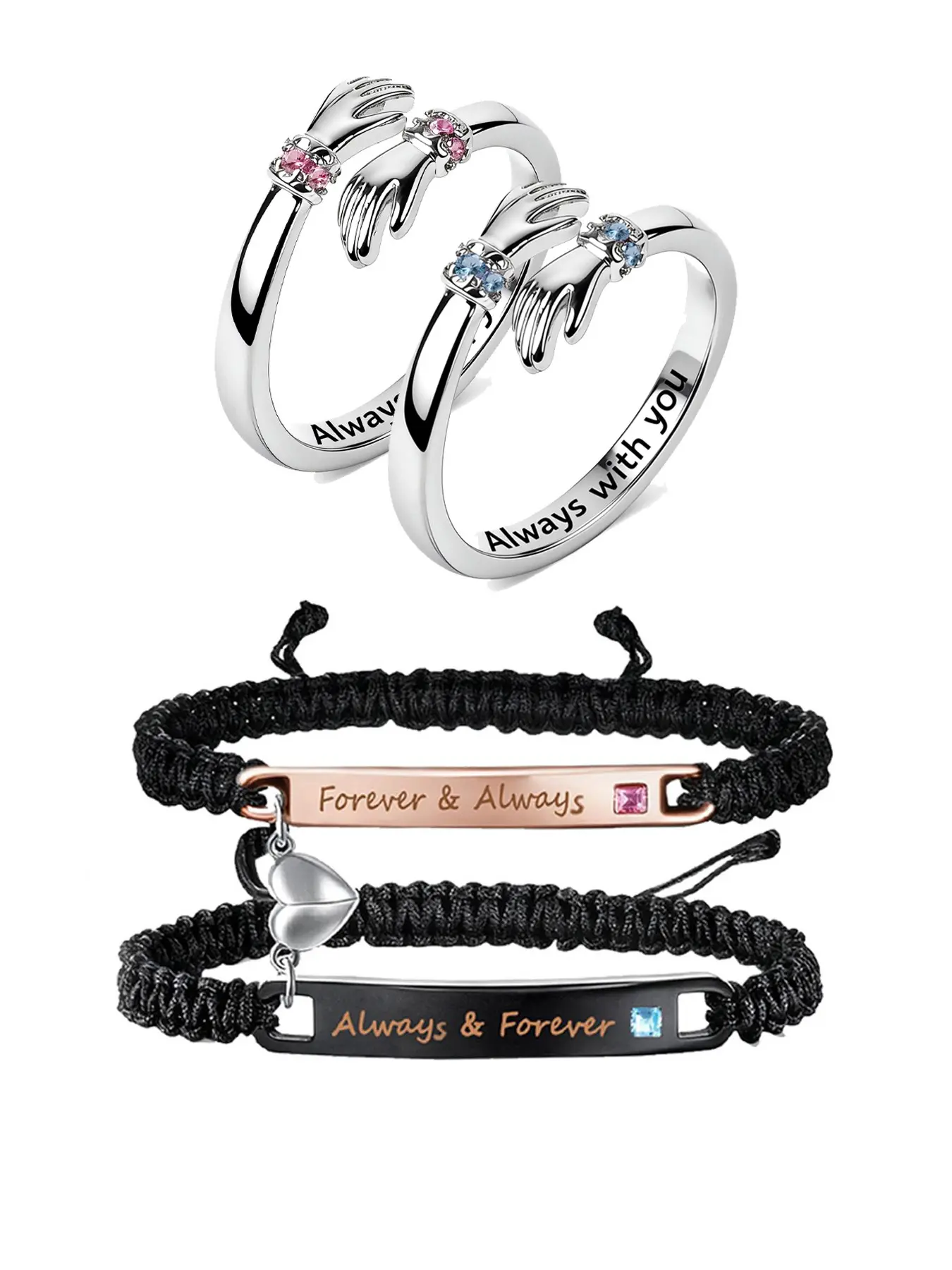 Love's Embrace Couple Jewelry Set, Adjustable Unisex Ring + Magnetic Bracelet, "Always With You" Promise Set, Perfect for Confessions/Proposals, Gift for Valentine/Anniversary/Father's Day/Christmas/Graduation, Long-Distance Couples Keepsake