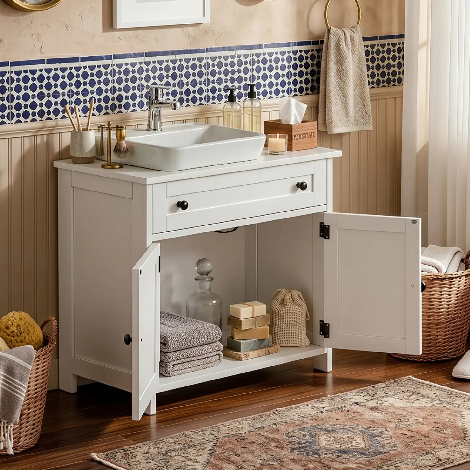 Minimalist Humidity-Proof Wooden Bathroom Storage Cabinet - 1 Drawer, 2 Doors, Anti-Tip Device, Customizable for Undermount or Vessel Sink Installation (Basin Excluded)