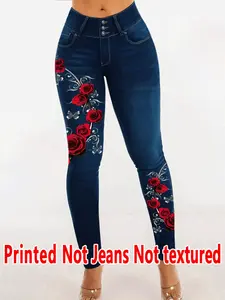 Women's Imitation Denim Skinny Pants, Denim Print Design, Stylish Comfortable Fit for Everyday Wear