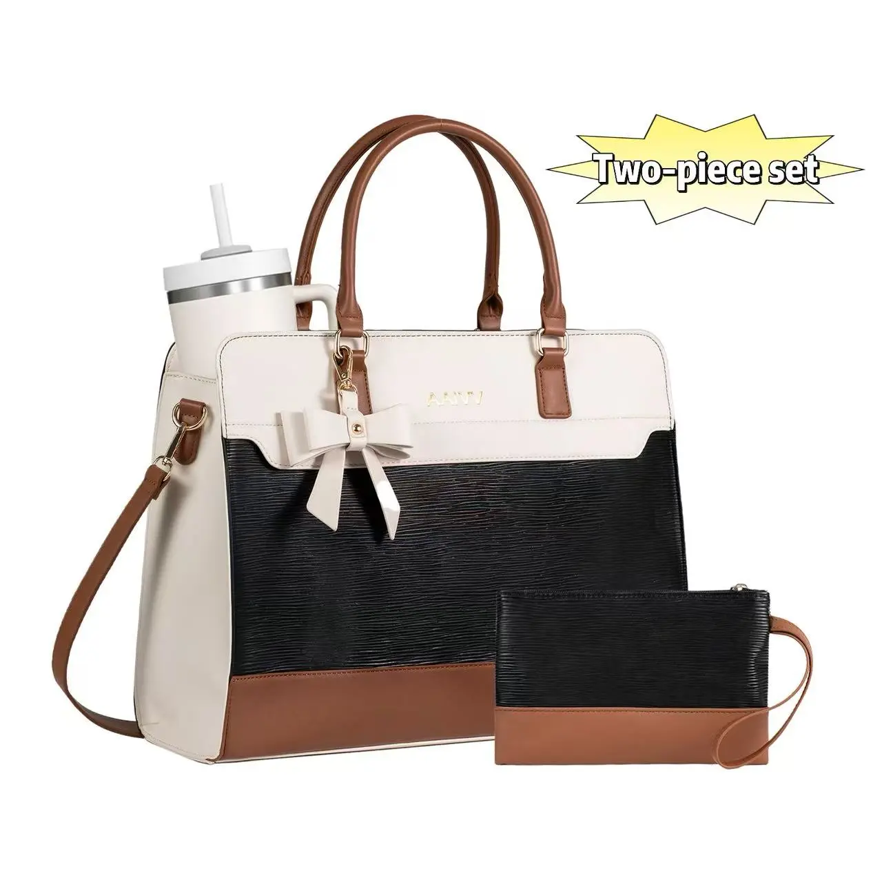AAIVV 2-Piece Leather Work Tote Bag Set for Women, Waterproof Laptop Shoulder Bag with Compartments for Office, Business & Travel
