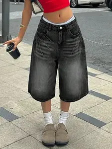 Women's Bermuda Denim Shorts with Pockets, Loose Casual Style, Versatile Streetwear, Perfect for Daily Commute and Outdoor Activities