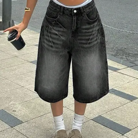 NVFelix Women Y2K Jorts Wide Leg Baggy Grunge Pockets Bermuda Denim Jeans Shorts for Everyday Summer Beach Casual Wear