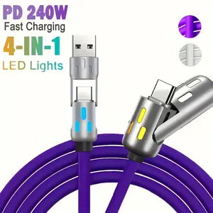 240W 4-in-1 Fast Charging Cable with RGB LED Light – 6mm Braided, PD & QC Compatible for iPhone, Android, Laptop, Tablet(5ft)