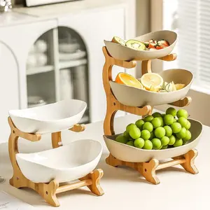 Double-Layer Detachable Fruit Plate with Wooden Handle, Removable Table Stand, Ideal for Parties & Gatherings, Durable Design, Dessert Display Plate