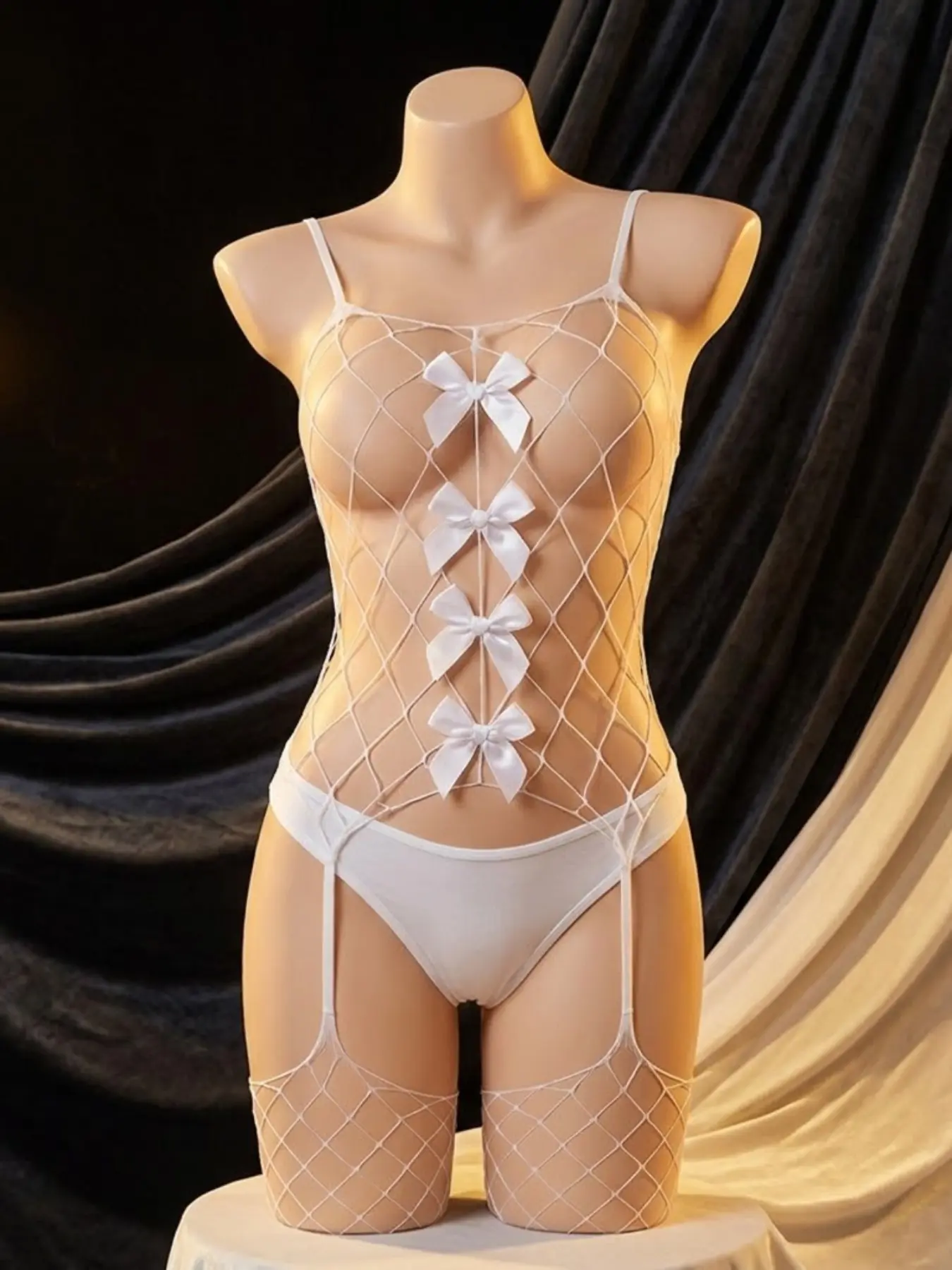 Sexy Lingerie Jumpsuit, Bow Hollow Out Mesh One-Piece, Ditsy Floral Pattern, Perfect for Valentine's Day and Christmas