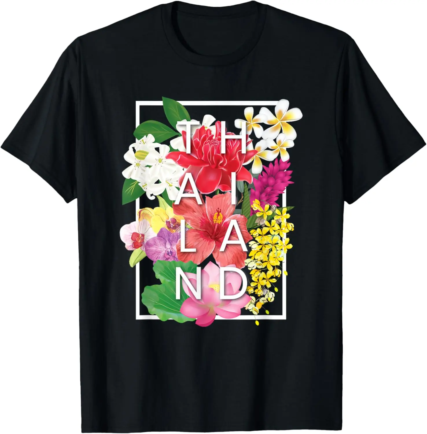 Women's 100% Cotton Short-Sleeve Round Neck Graphic T-Shirt - Vintage Casual Streetwear Top, Thailand Flower Word Art, Thai Pride Everyday Wear
