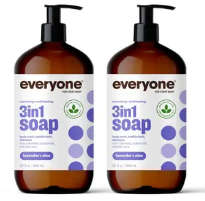 Everyone 3-in-1 Soap, Body Wash, Bubble Bath, Shampoo, 32 Ounce (Pack of 2), Lavender and Aloe, made with Essential Oils for Men and Women