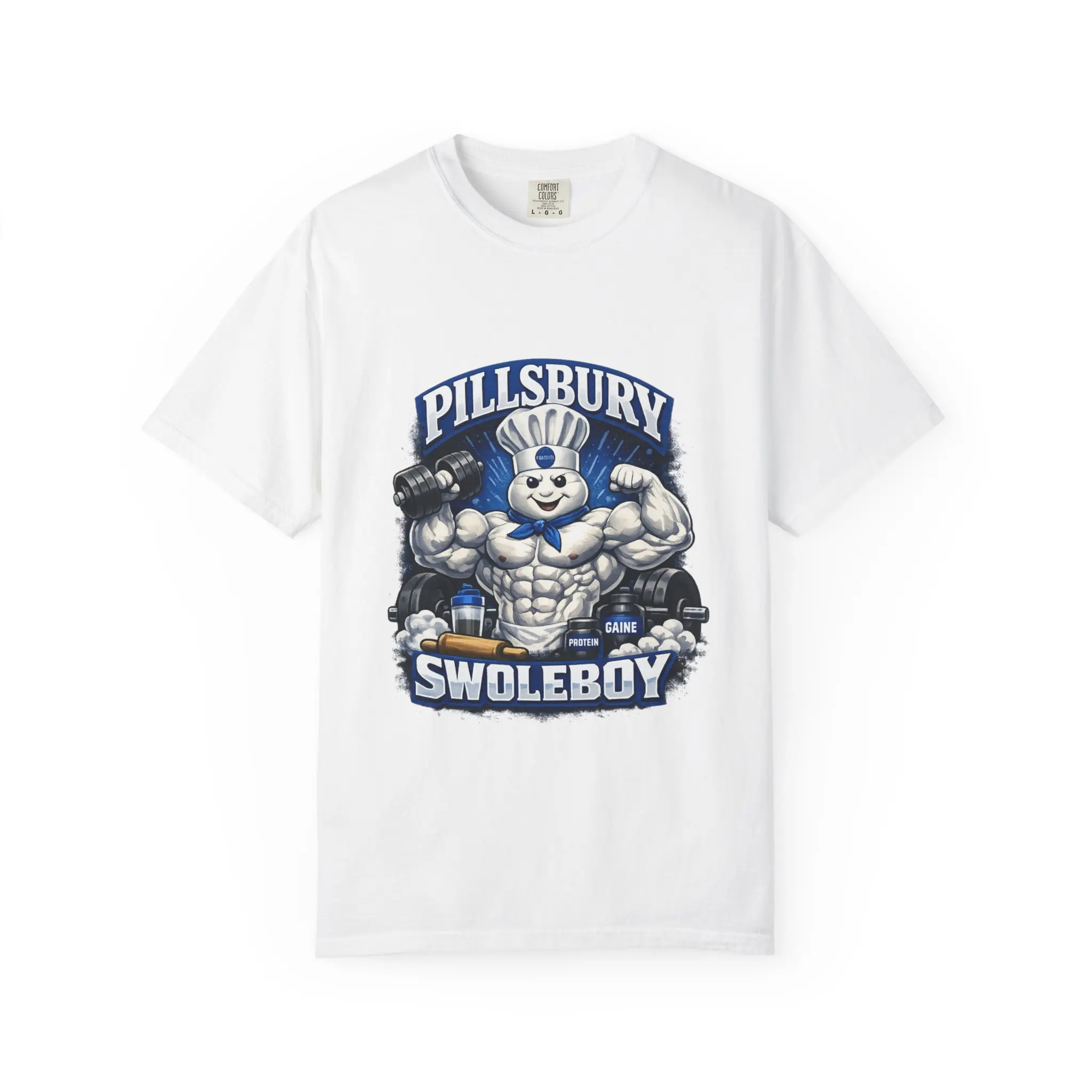 Pillsbury Swoleboy Muscle Mascot T-Shirt Gym Fitness Graphic Tee Heavyweight Garment-Dyed 100% Ring-Spun US Cotton Relaxed Fit