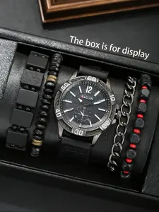 Men's Quartz Watch Set with Wooden Beaded Bracelet, Mix Bracelets, Stackable Bracelets, Perfect Gift for Thanksgiving, Back-To-School, Christmas, Birthday