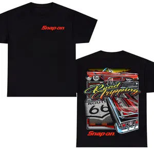 Snap-on Road Tripping Route 66 T-Shirt – Vintage Lowrider Classic Car Graphic Tee, Retro American Highway Streetwear Shirt, Soft Cotton Unisex Automotive Apparel Gift for Car Lovers
