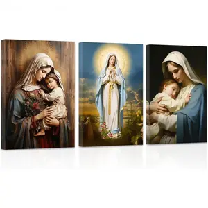 Virgin Mary canvas wall decor posters, 3 pieces, Mother of Jesus painting prints, Catholic spiritual paintings, wall decor suitable for offices, church prayer rooms.