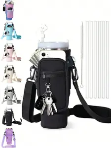 Water bottle bag with phone pocket and cleaning brush, adjustable strap protective sleeve insulated water bottle bag, suitable for 30/40 ounce water cups (included), very suitable for fitness, Modern, Drink Carrier