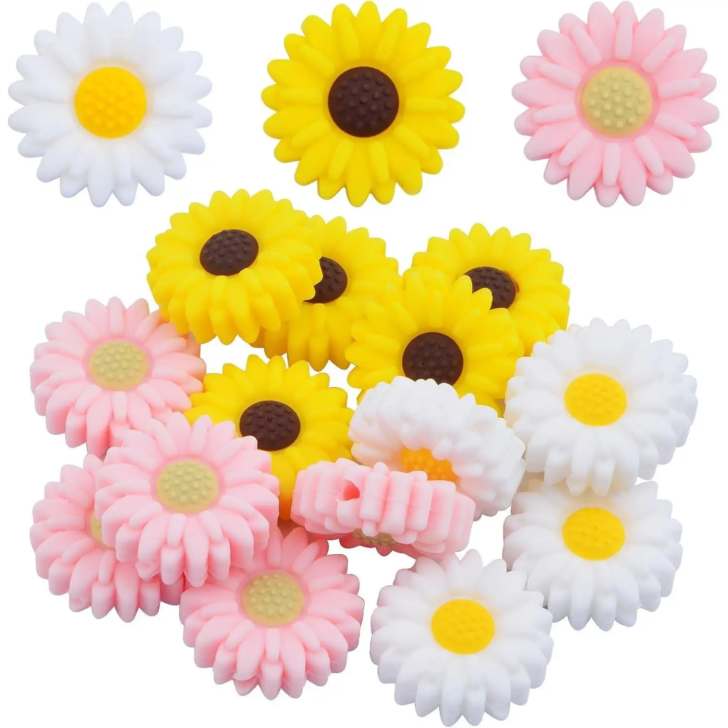 15pcs 20 mm Sunflower Silicone Daisy Flower Focal Flat Flower Shape Spacer Beads for DIY Keychains Lanyards Garlands Crafts Jewelry Making, 3 Colors