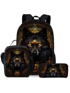 Constellation Wolf Print 3-Piece Backpack Set, Lunch Bag, Pencil Case, Backpack
