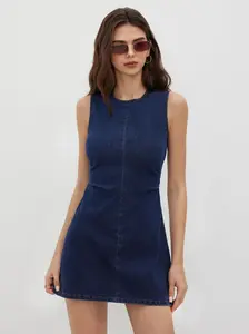 High Stretch Denim Ruched Zipper Mini Dress