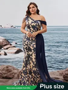 Elegant Women's Long Floral Dress with Sequins and Beading, Asymmetrical Design, Perfect for Formal Weddings and Parties, Romantic Style