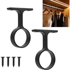 2pcs Middle Mounting Bracket for 1-5/16" Round Closet Rod, Heavy-Duty Round Closet Rod Center Mount Support Ceiling Curtain Bar Holders with Installation Screws for Home Wardrobe Clothes Pole (Black)