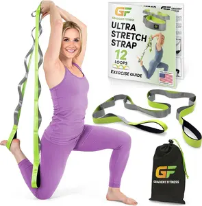 Gradient Fitness Stretching Strap with 12 Loops | 1.5 Inch Wide x 8 Feet Long Non-Elastic Nylon Stretch Strap | Neoprene Padded Handles | Includes Storage Bag and Exercise Guide | Physical Therapy and Yoga