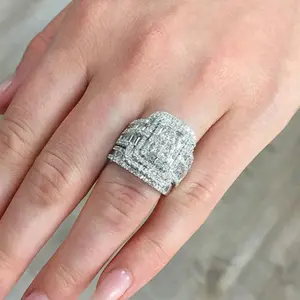 A set of two luxurious, large, silver-plated wedding rings adorned with sparkling Zirconia stones for women, perfect as a Valentine's Day gift and lasting jewelry.