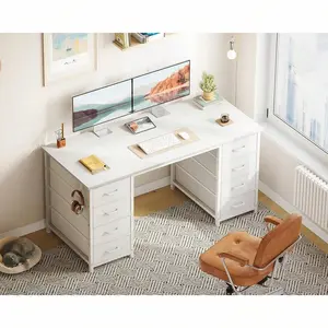 48 Inch White Wooden Computer Desk, Modern Home Office Writing Table With 8 Fabric Storage Drawers, Sturdy Metal Frame PC Gaming Desk With Large Storage Space For Study Room