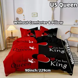3-piece bedding set, designed in black and red, including 1 duvet cover and 2 pillowcases (unfilled) with white font and red heart print, perfect for romantic Valentine's Day themes and home decor.