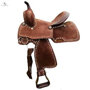 Multi-Size Western Riding Barrel Racing Saddle for Youth, Roughout Leather Hard Deep Seat, Buck Stitching Design - 10, 12, 13 in