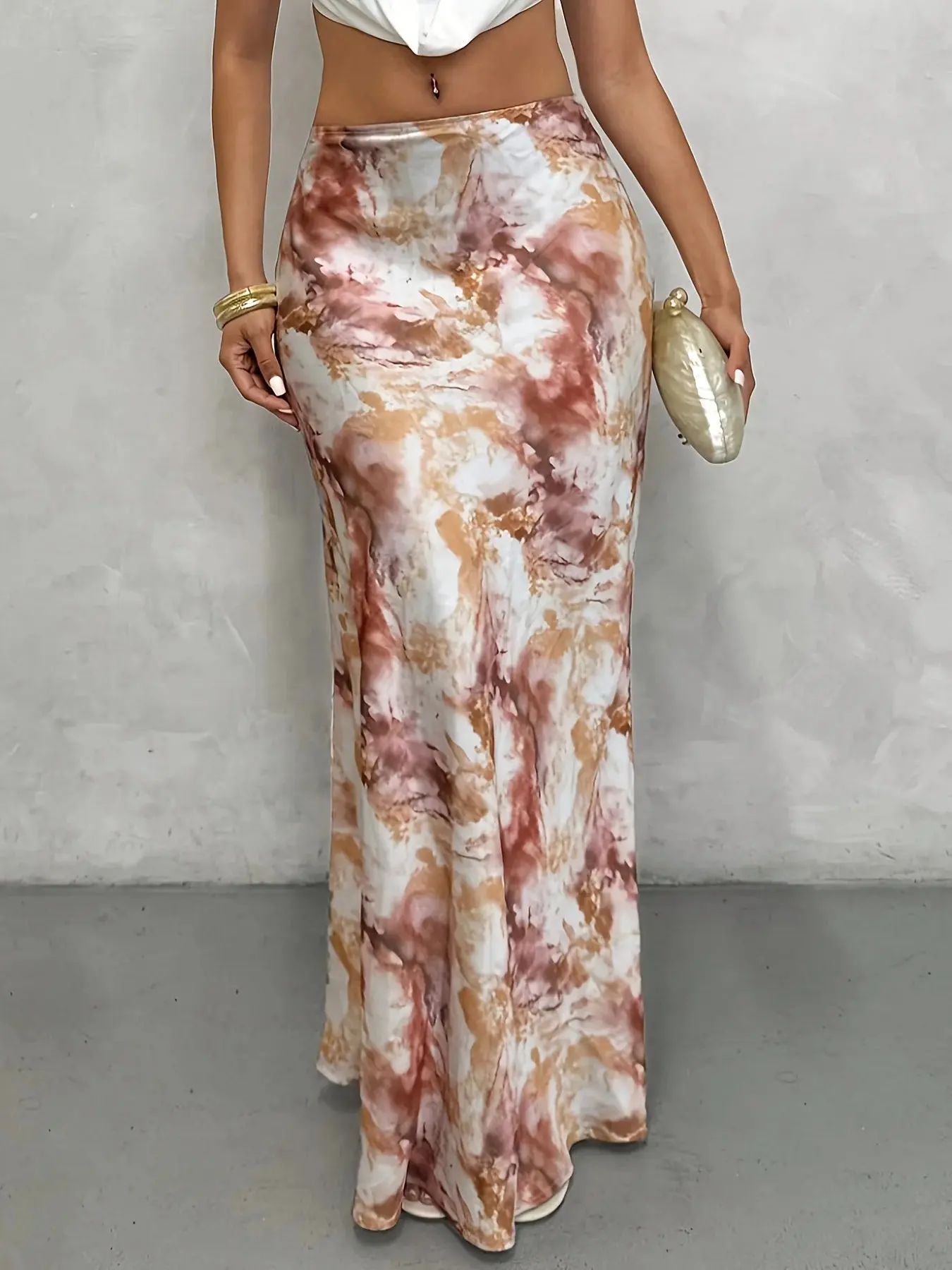 Women's A-Line Tie Dye Midi Skirts, Stretch Elastane and Polyester Blend Knitting, Regular Fit for All-Season Wear, Eco-Friendly, A-Line Cut, Ankle-Length, Bodycon Skirt, Natural Waist, Stretch Knit, Tie Dye Print, Elegant, Xs