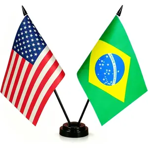 1 American and 1 Brazil 8"x5" Miniature Desk & Table Flag, Includes 2 Flag, USA & Brazilian Desk Flag, Twin Pin and Base, 8 x 5 Inches American & Brazil Deluxe Desk Flag Set
