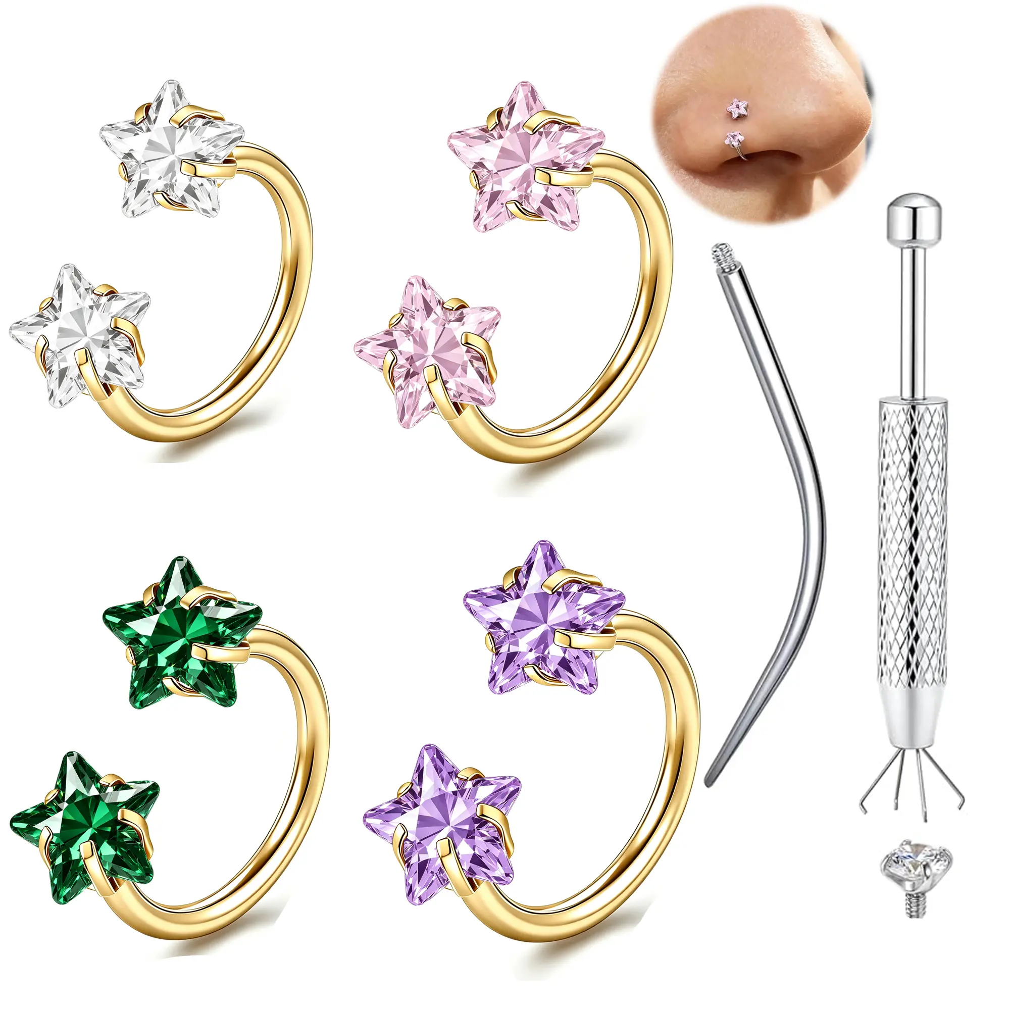 4pcs 18g Star Gold Nose Rings hoop horseshoe 316L stainless steel nose piercing jewelry conch helix earrings for women men cartilage tragus daith piercing labret lip stud Internally Threaded Hypoallergenic  Septum Rings Nickel-Free