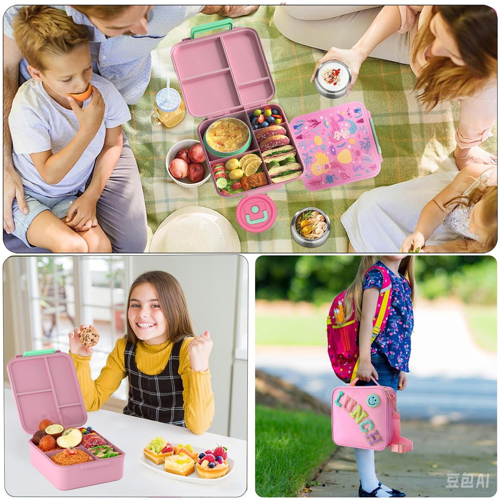 Insulated Bento Box + 8 oz Soup Warmer Hot Food Jar - 4 Lunch Compartments, Includes Utensils, Bright Pink/Blue, Perfect for School Trips & All Occasions Gift