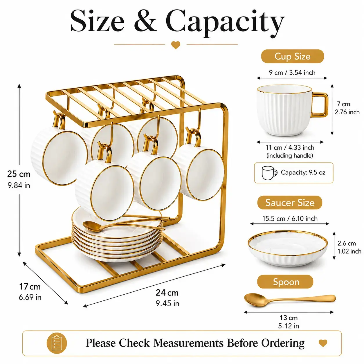 Ceramic-Electroplated Jian Zhan Coffee Cup and Saucer Set with Plain Surface - Includes Rack, Modern Home Decor, Elegant Kitchen Countertop Organizer for Coffee Lovers