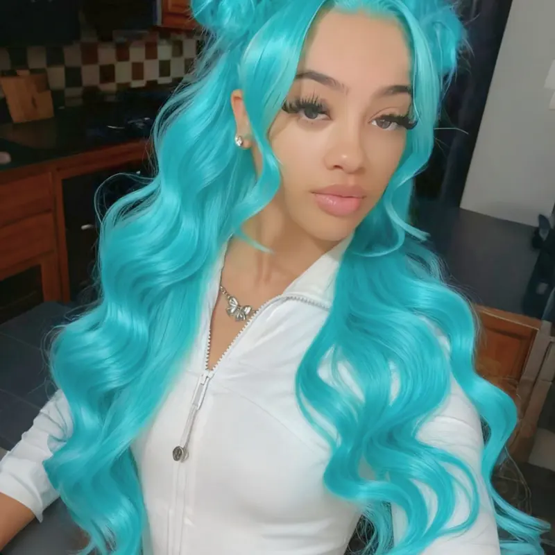 Mint Blue Body Wave Wig Lace Front Wig 13x4 Lace Frontal Synthetic Wig Pre-Plucked Natural Hairline Heat-Resistant Fiber Soft Synthetic Hair for Women Parties New Year Cosplay Stage 28 Inches Wavy Wigs Synthetic Material Wigs