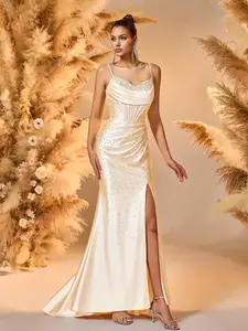 MUADRESS-Elegant Spaghetti Strap Mermaid Evening Gown Champagne Satin, Sequined Bodice, High Slit, Spring Collection arabian  nights  prom  dress Tulle Ball Gown with Corset Back Elegant Spaghetti Strap Evening Gown Women's Sleeveless Ruched Evening Dress