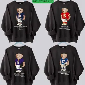 Cute Teddy Bear Football All Team Graphic Black Sweatshirt Pullover Vintage Sport Varsity Crwneck Unisex Oversized Fall Winter Sweater Cozy Game Day Outfit Streetwear Top for Men Women Fans Gift BP