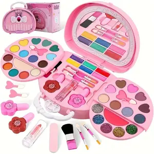 Pink Beauty Makeup Set for Kids - Portable Princess Cosmetic Case with Mirror, Eyeshadow, Lip Gloss, Brushes & Nail Polish - All-in-One Pretend Play Dress-Up Kit, Ideal Gift for Christmas, Easter, Birthdays & Parties