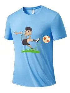 Men's Watercolor Football Scene Print T-Shirt, Blue Quick-Dry Fabric, Casual Short Sleeve for Outdoor Sports and Daily Wear