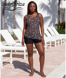 Briza｜Black Floral Print Tankini with Shorts Tummy Control Two Piece Swimsuit for Women Modest Cute Bathing Suit Set Stylish Tankini and Boyshorts Beachwear Summer Swimwear Vacation Outfit, Women's Swimwear, Bathing Suit for Women
