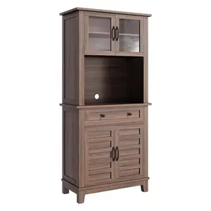 Garvee 72“ Tall Pantry Cabinet with Drawer, 32” Wide Kitchen Pantry Storage Cabinet with Countertop, Large Kitchen Hutch with Storage Drawers and Doors for Dining Room, Living Room, Brown